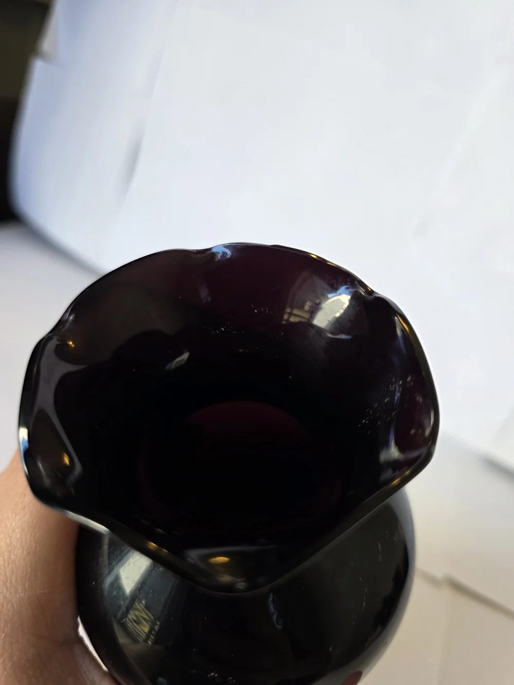 Vintage Black Amethyst Glass Vase Set 3 Ruffled Edge Flower Vases